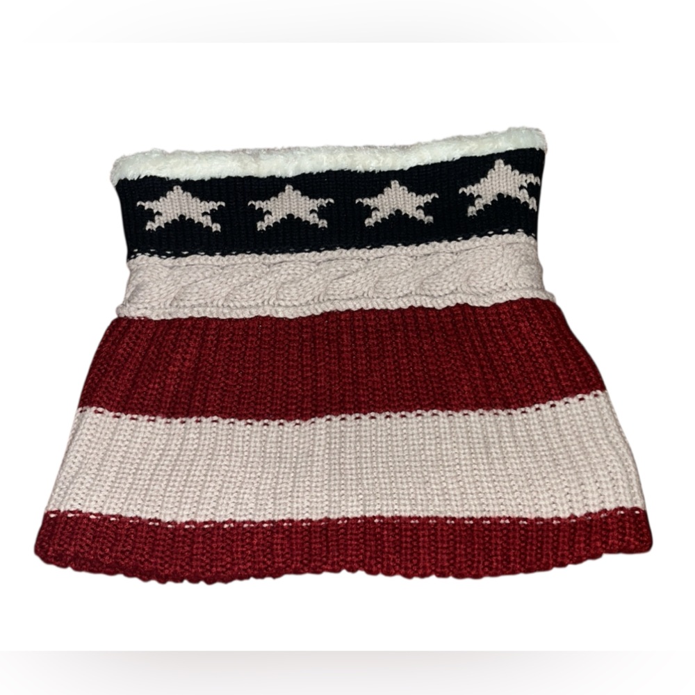 Modena New York Women's Knit Ring Scarf Faux Fur Lined Red Cream & Blue Stars OS